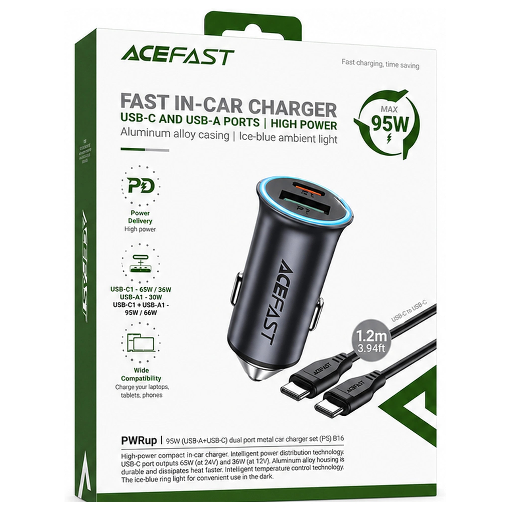 ACEFAST B16 95W Dual Port Metal Car Charger Set