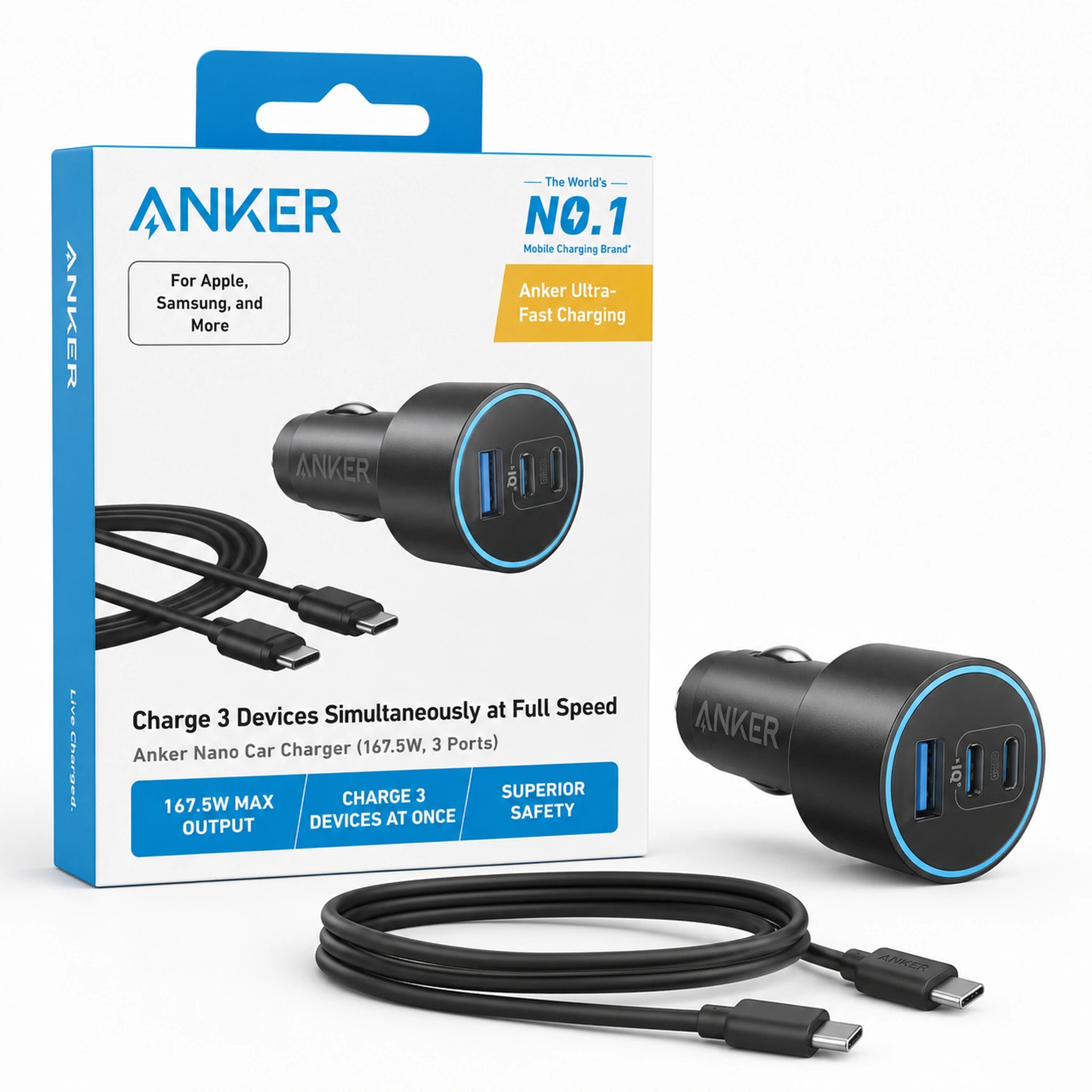 Anker Nano Car Charger 167.5W 3 Ports with USB-C Cable