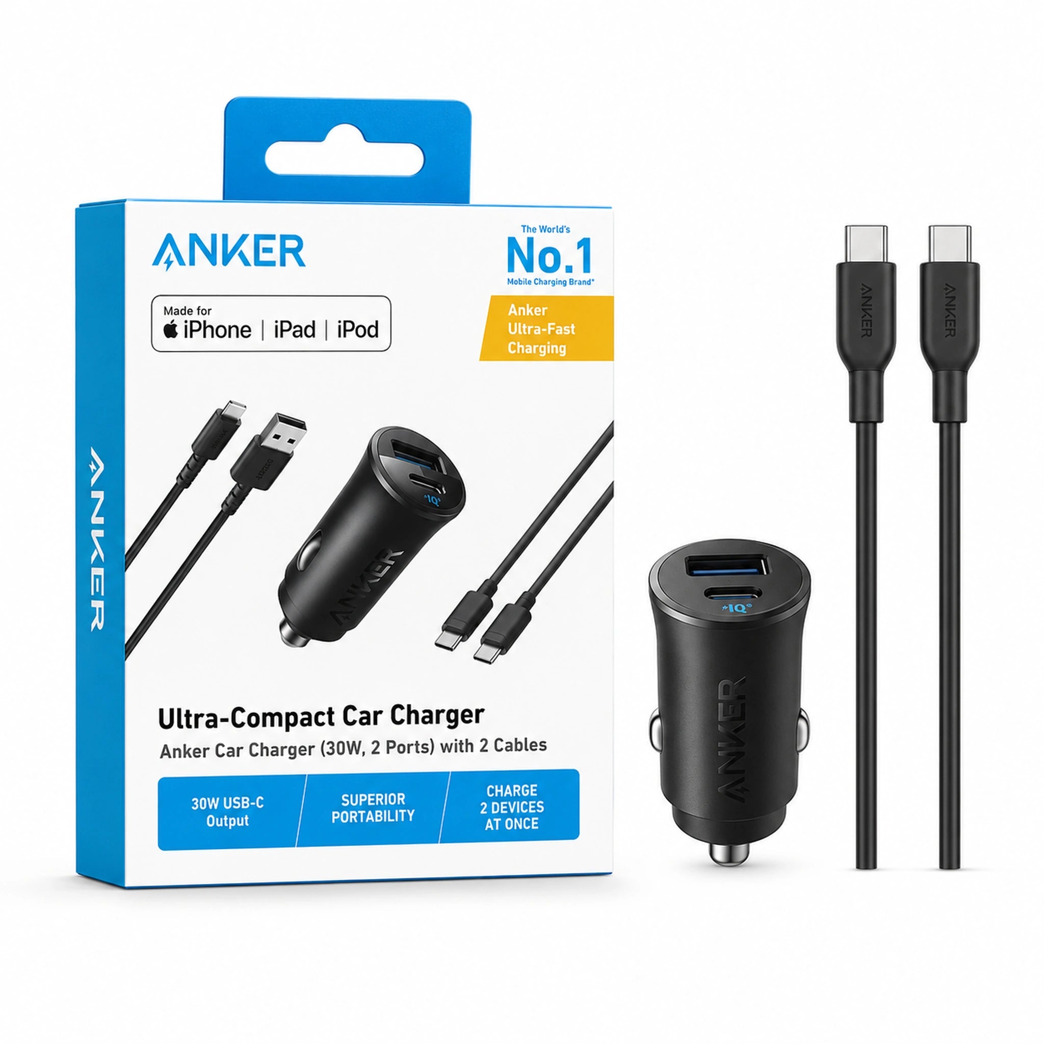 Anker Ultra-Compact Car Charger 30W 2 Ports with 2 Cables