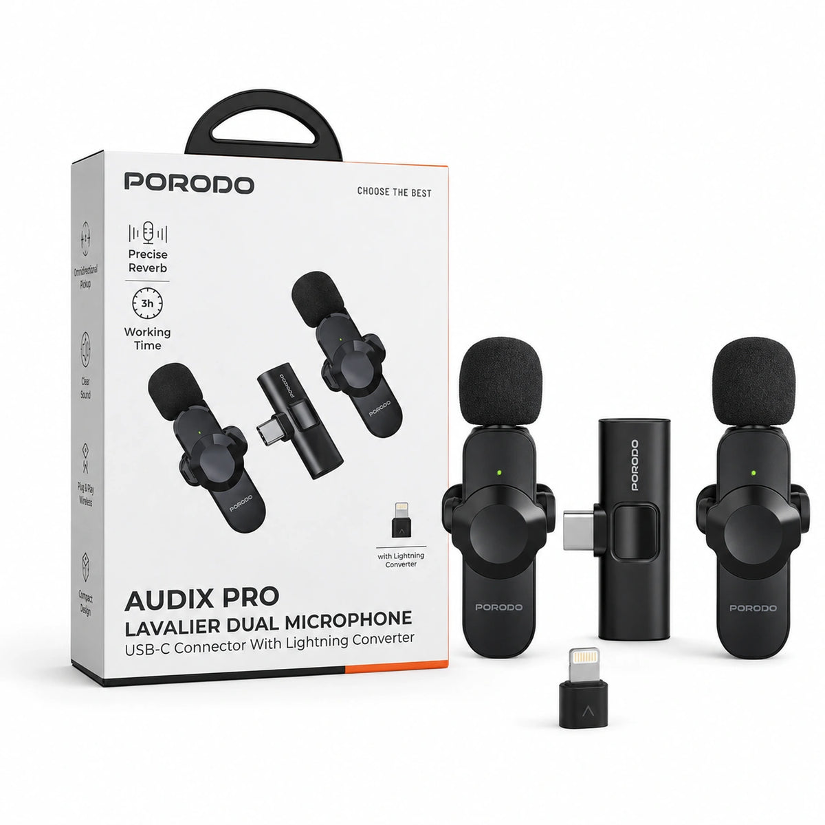 Porodo Audix Pro Dual Wireless Lavalier Microphone