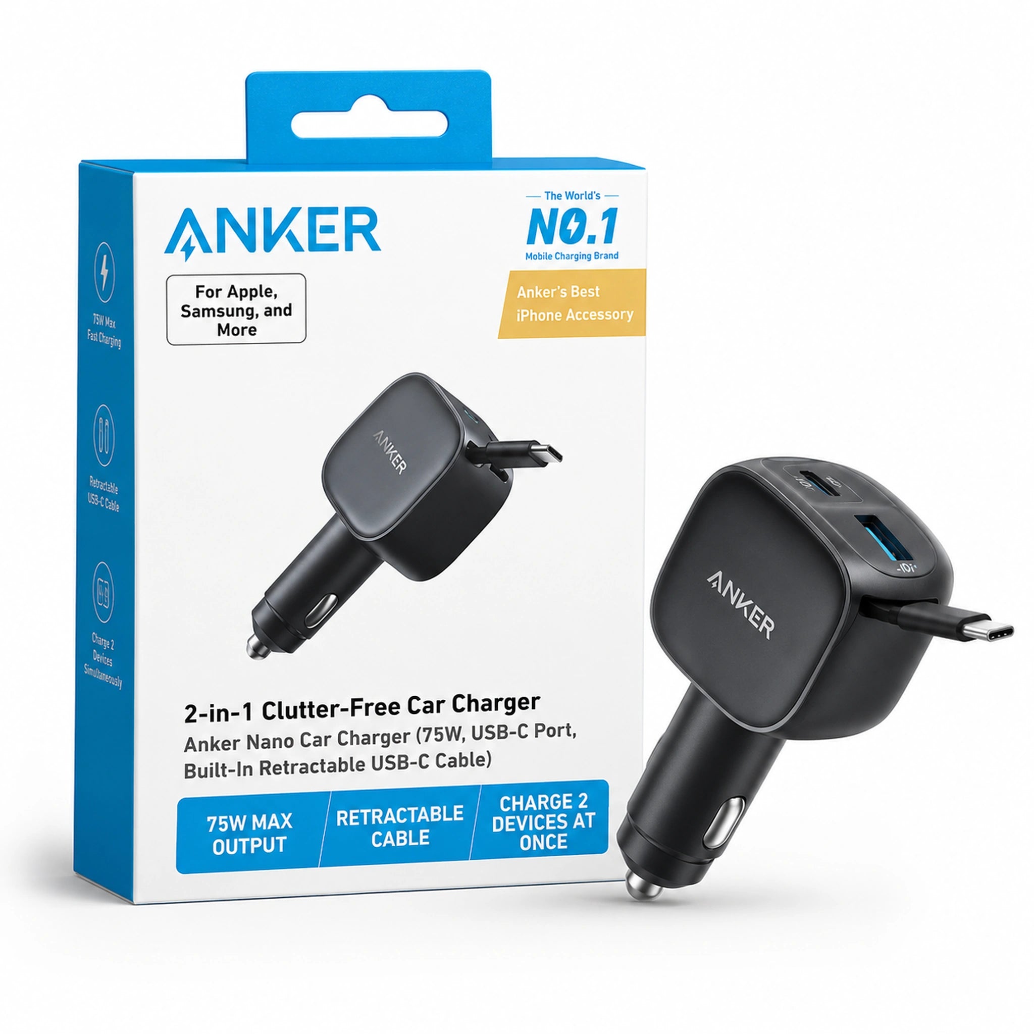Anker Nano Car Charger 75W with Built-In Retractable USB-C Cable