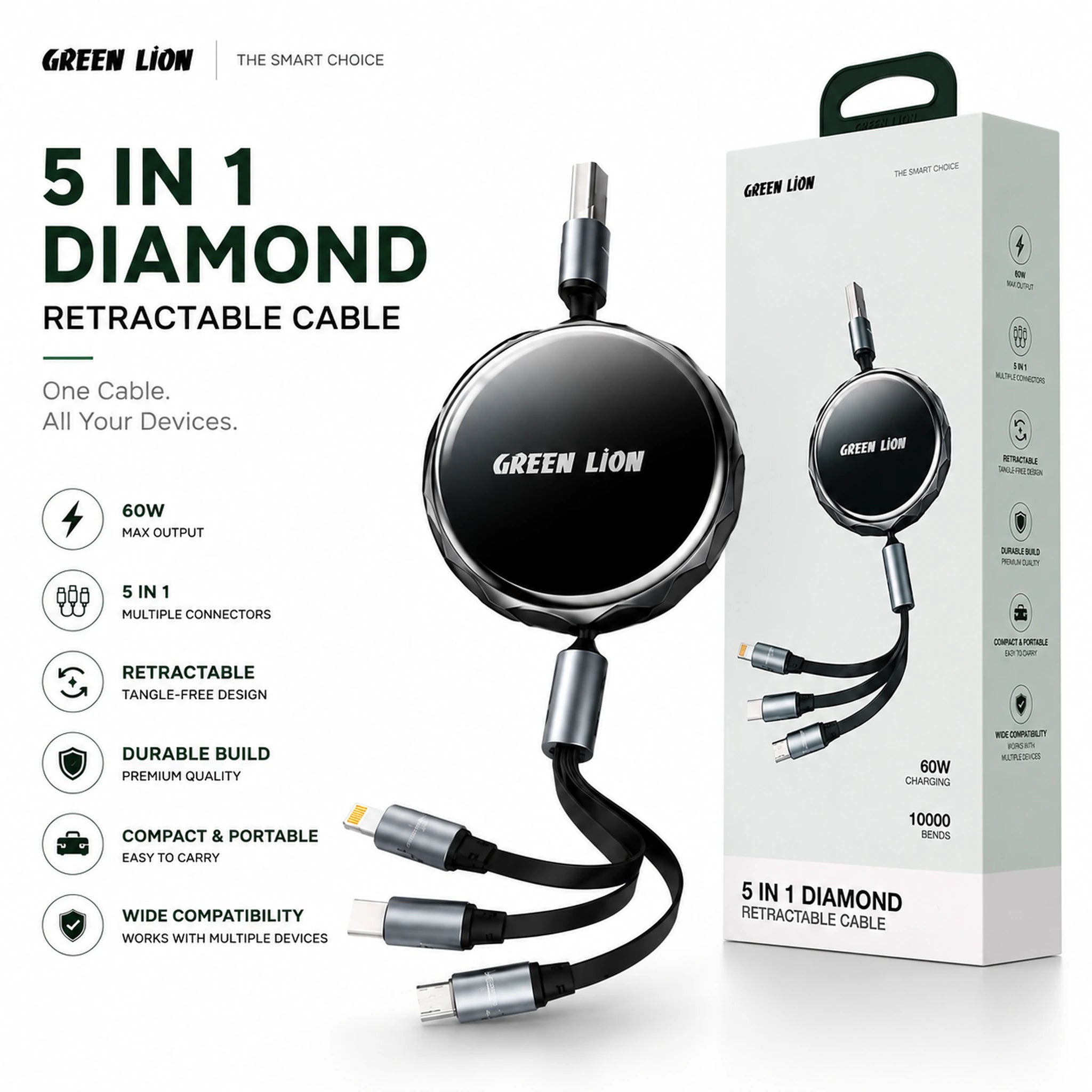 Green Lion 5 in 1 Diamond Retractable Cable