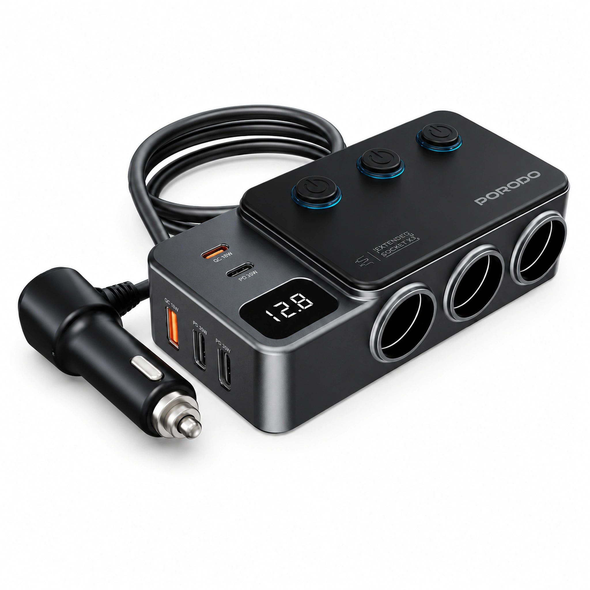 Porodo 120W Car Charger Hub Triple-Port Lighter Socket