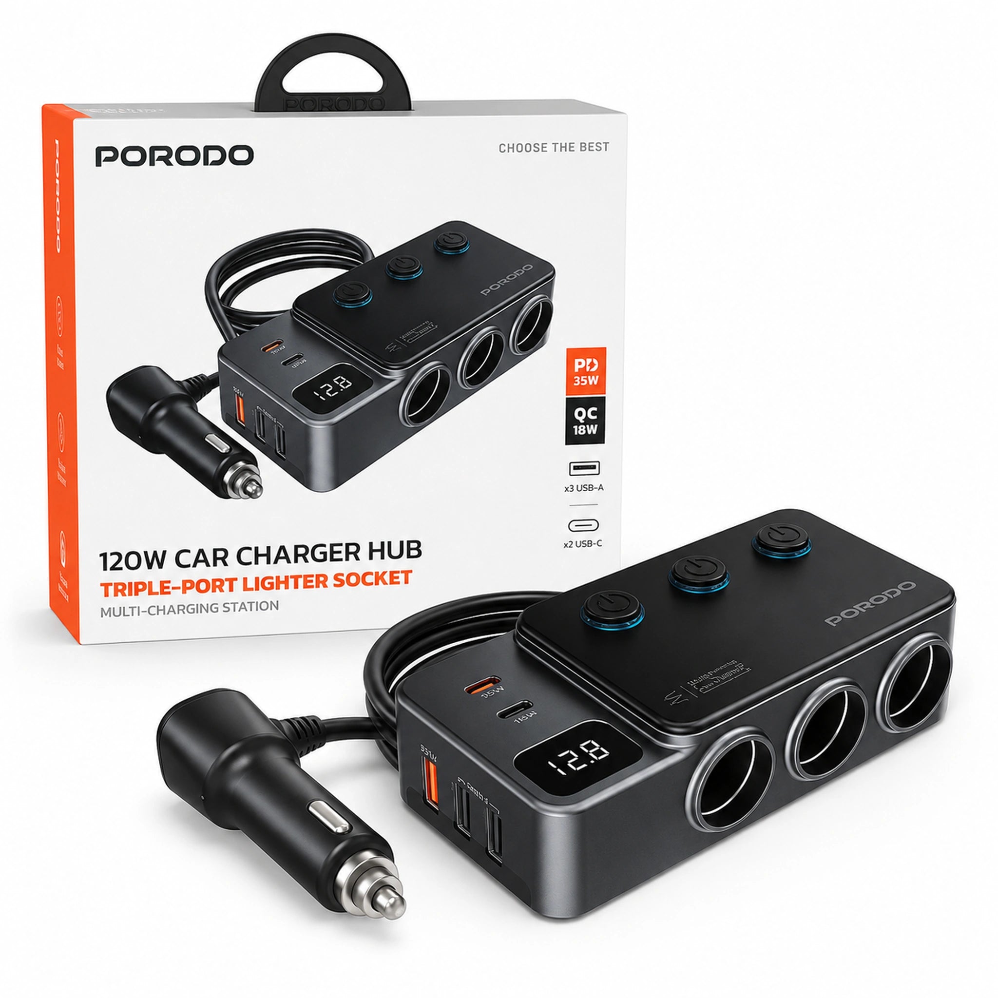 Porodo 120W Car Charger Hub Triple-Port Lighter Socket