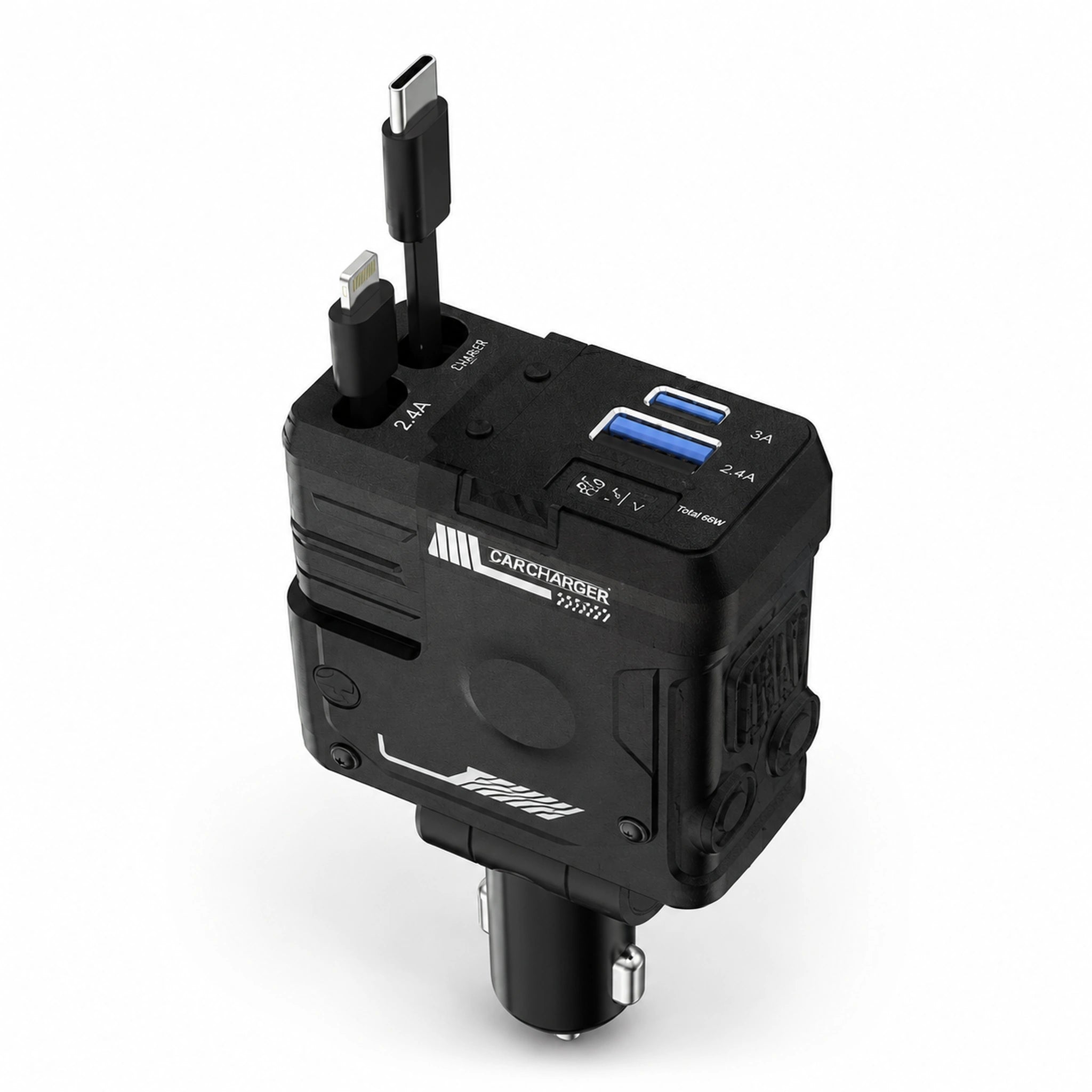 Porodo 66W Car Charger with Lightning & Type-C Wires