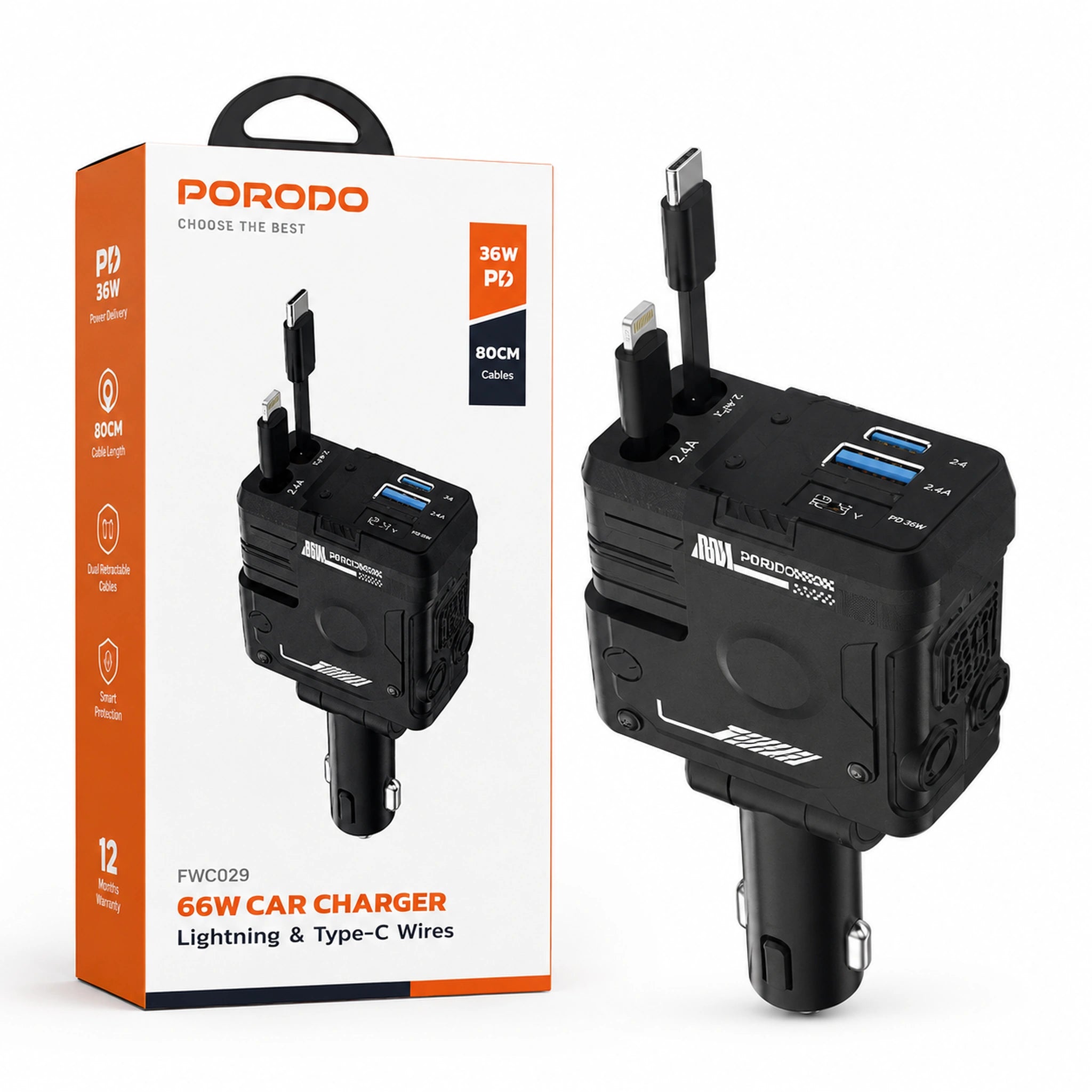 Porodo 66W Car Charger with Lightning & Type-C Wires