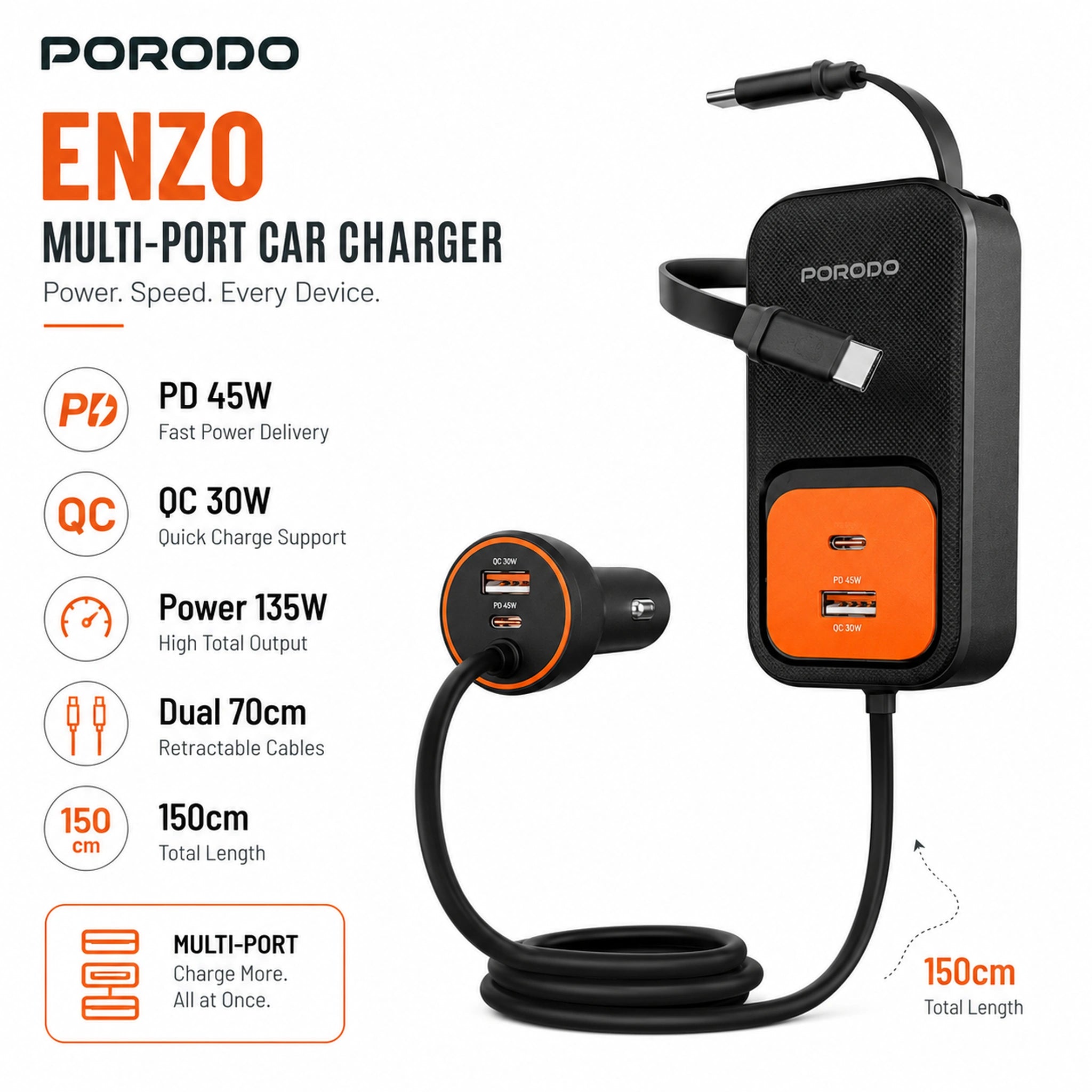 Porodo Enzo Multi-Port Car Charger