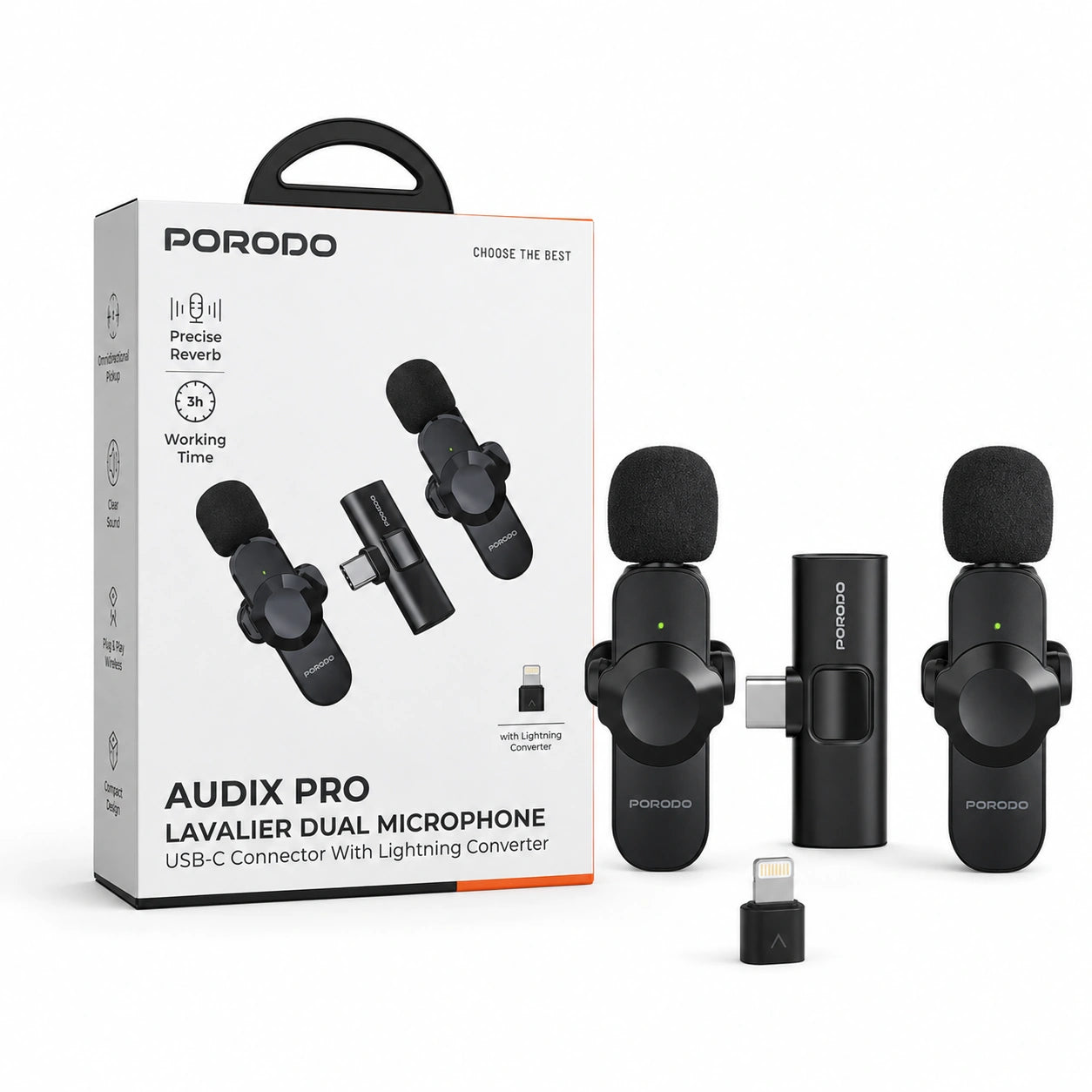 Porodo Audix Pro Dual Wireless Lavalier Microphone